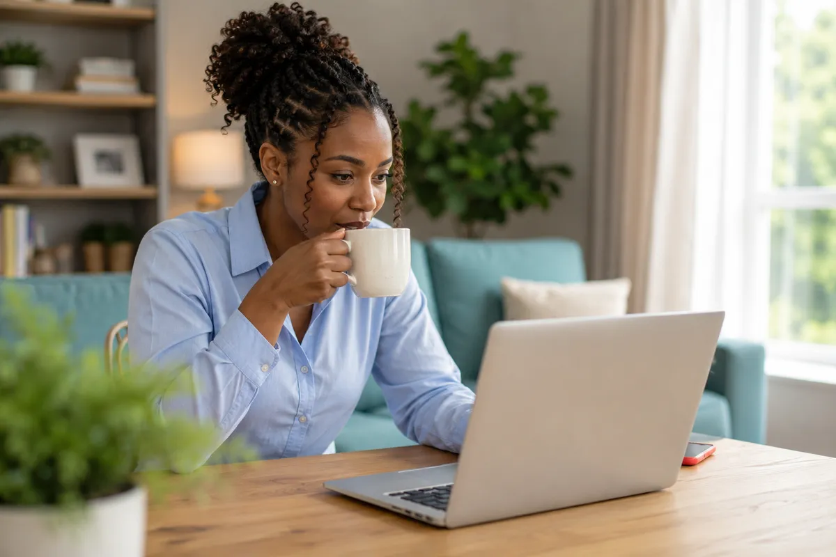 A business owner reviewing her new website on a laptop